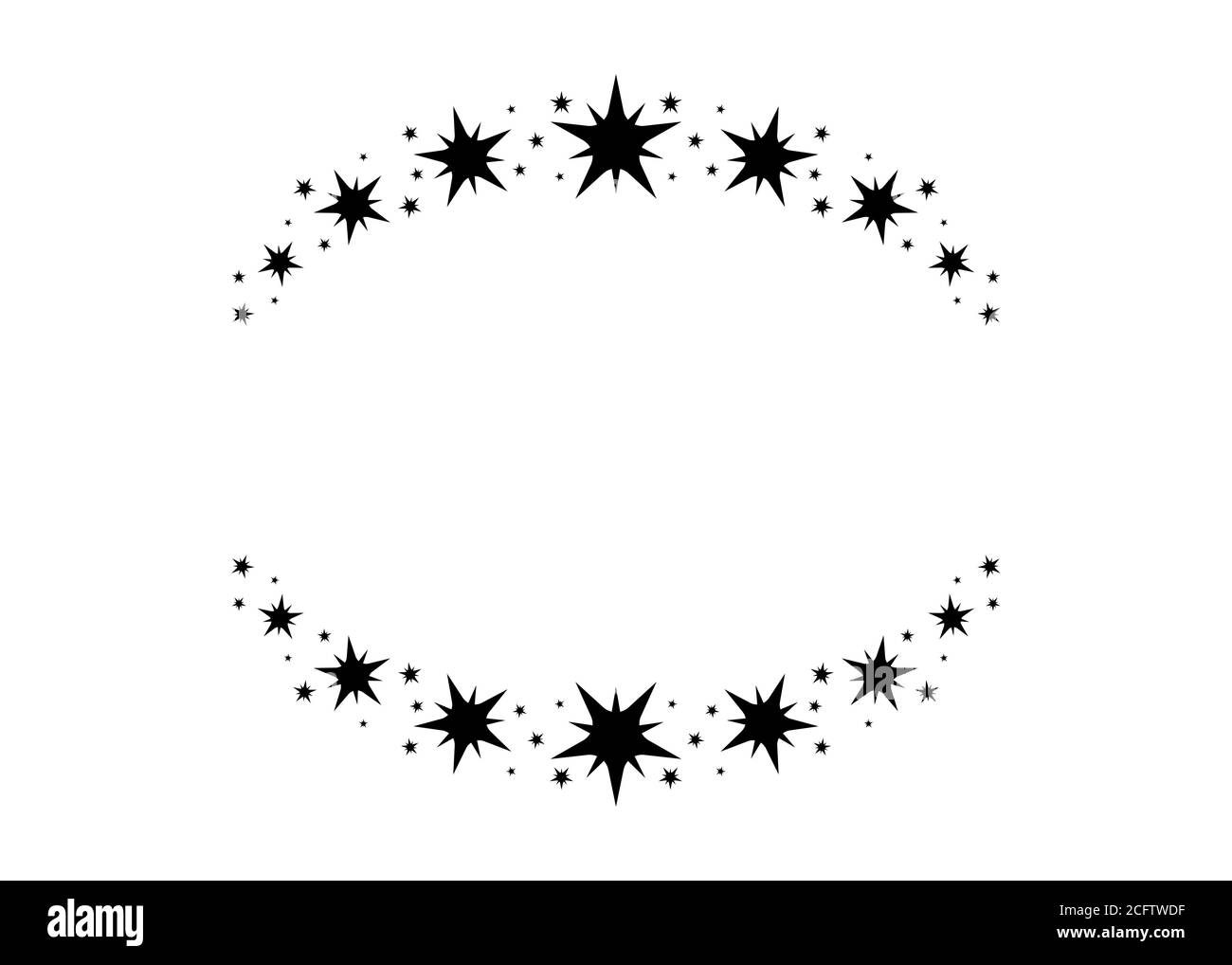 Vektorkreis Sternrahmen. Kranz für Design, Logo-Vorlage. Sternenstaub, Sterne, Sternenhimmel. Runder Rahmen mit Sternen und Glitzerpunkten auf weißem Hintergrund. Stock Vektor