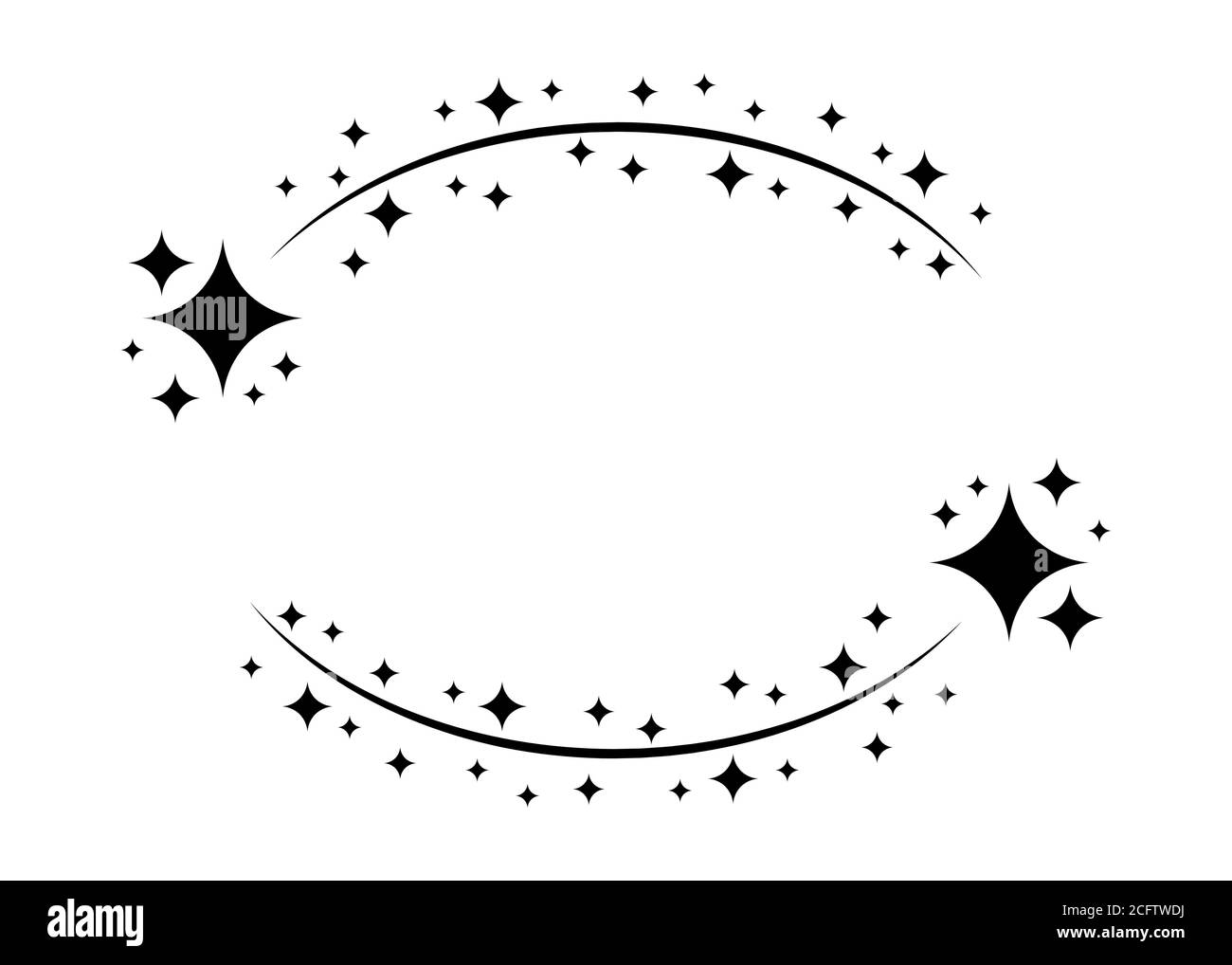 Vektorkreis Sternrahmen. Kranz für Design, Logo-Vorlage. Sternenstaub, Sterne, Sternenhimmel. Runder Rahmen mit Sternen und Glitzerpunkten auf weißem Hintergrund. Stock Vektor