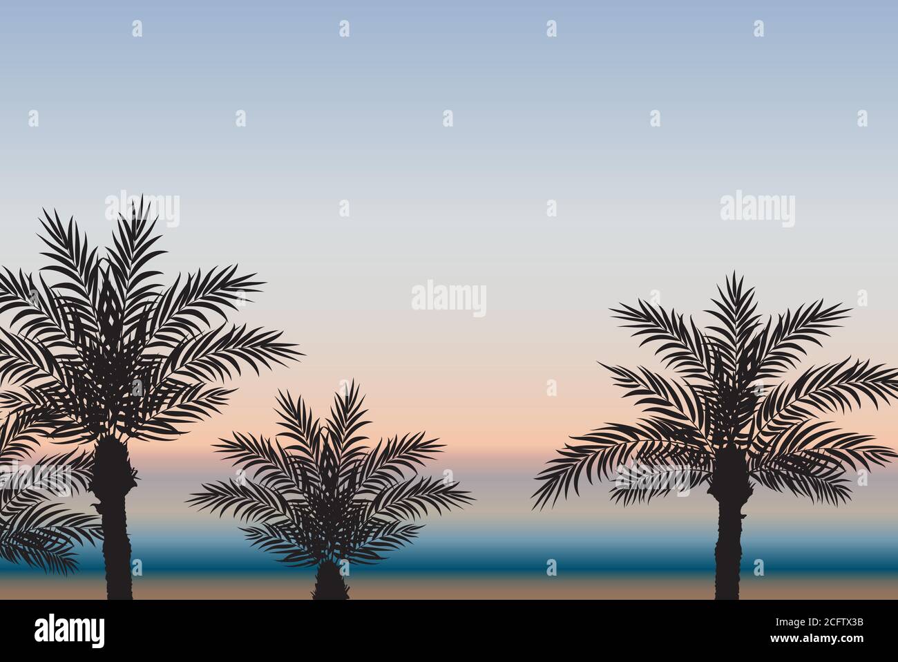 Palmen vor dem Hintergrund des Meeres und Sonnenuntergang. Vektorgrafik Stock Vektor