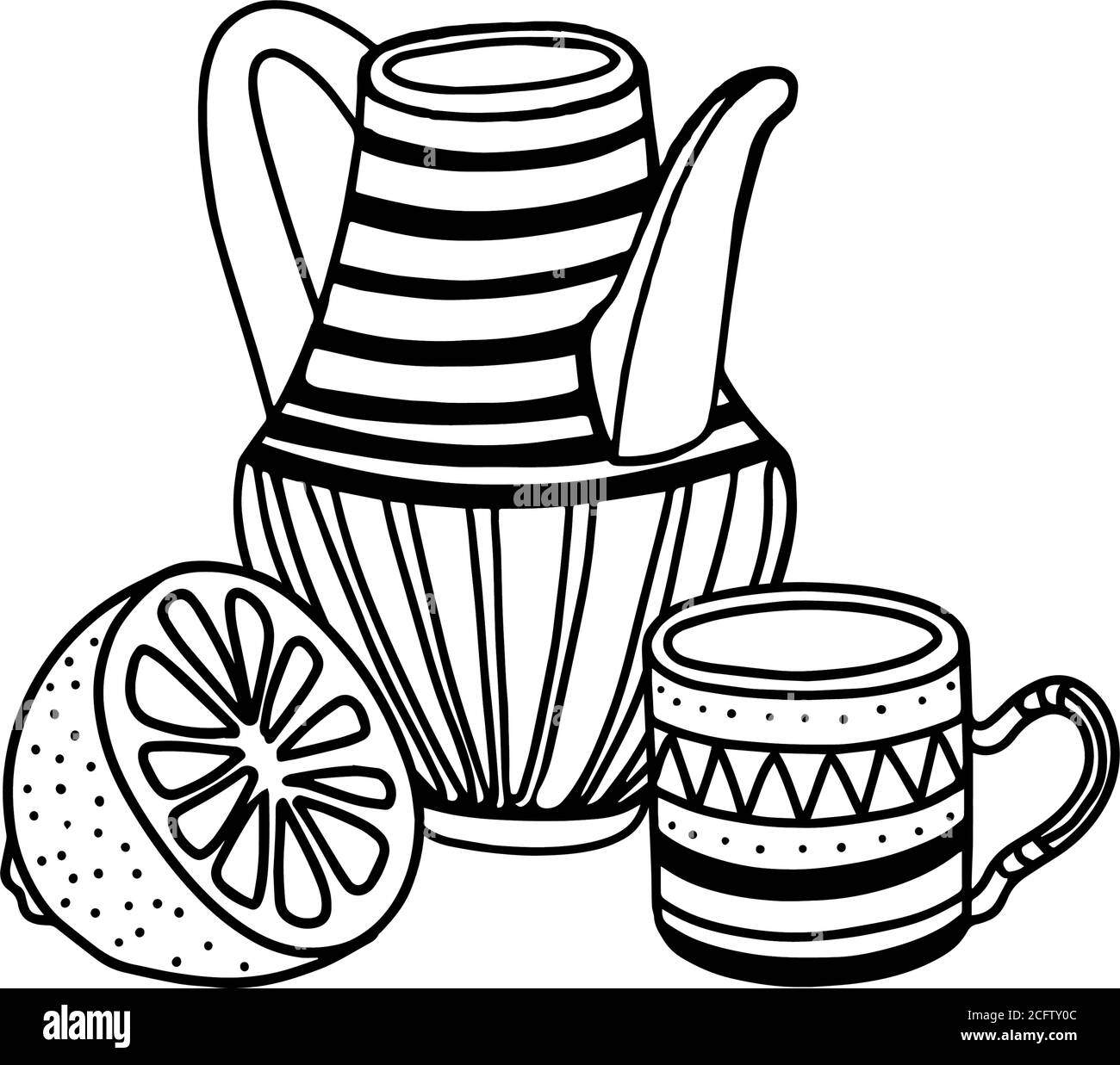 Vase, Zitrone und Tasse.Vase, Becher und Zitrone Stock Vektor