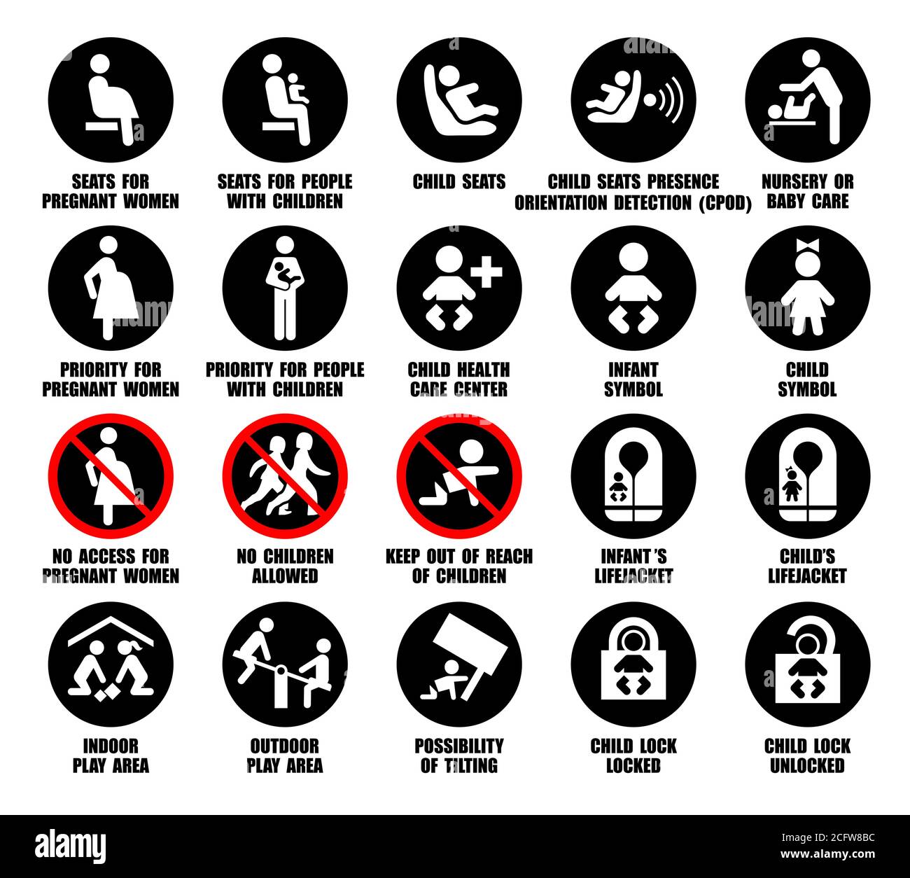 Vorsicht bei Anzeichen von Kindern, schwangeren Frauen, Menschen mit Kindern. Kindersitz, Schloss, Gesundheit, Rettungsweste Symbole mit Warnhinweisen Stock Vektor