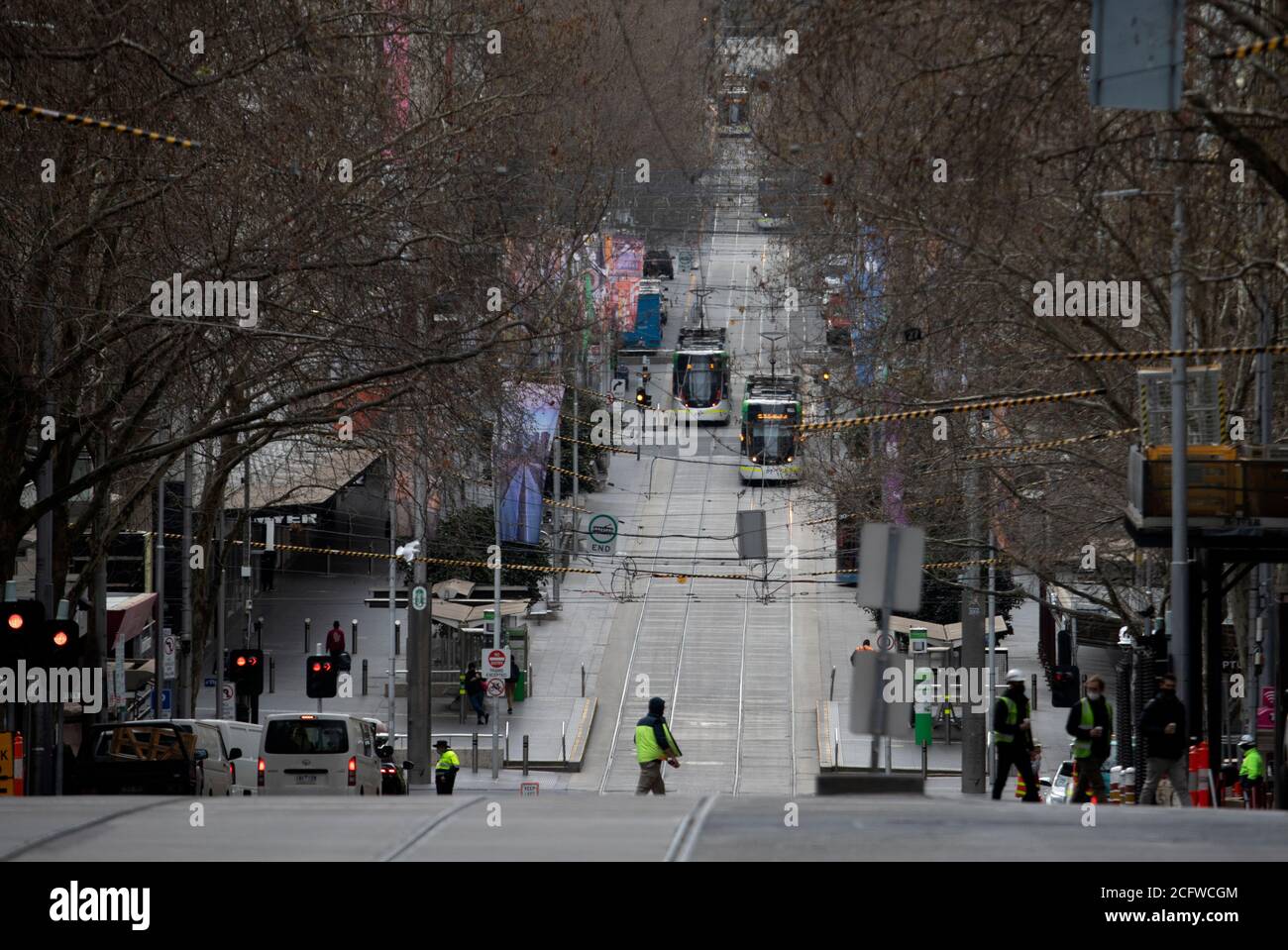 Melbourne Australien, Covid-19 Pandemie. Szenen des zentralen Geschäftsviertels von Melbourne während der Sperre. Stockfoto