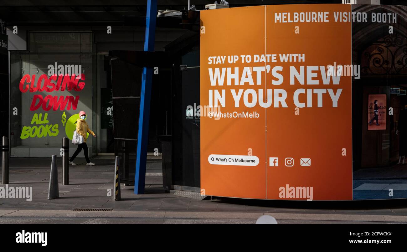 Melbourne Australien, Covid-19 Pandemie. Szenen des zentralen Geschäftsviertels von Melbourne während der Sperre. Stockfoto