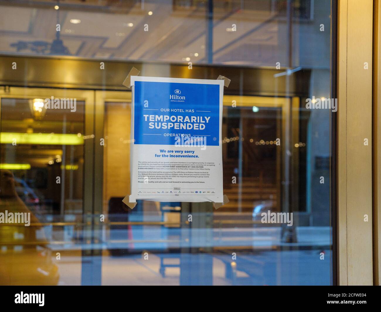 Chicago, Illinois, USA. September 2020. Das berühmte Palmer House Hotel kann dauerhaft geschlossen werden. Die Eigentümer sind 300 Millionen Dollar Schulden und eine Abschottung Klage gegen sie eingereicht wurde. Das Grundstück war aufgrund der COVID-19-Pandemie vorübergehend geschlossen worden. Stockfoto