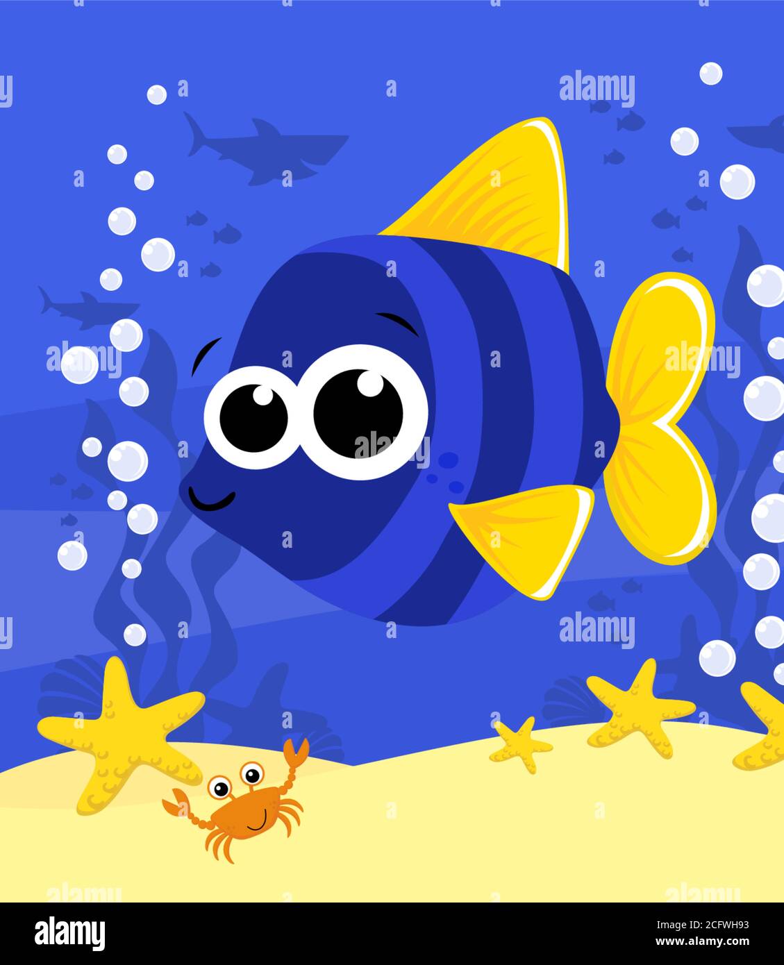 Cute Baby Fisch Cartoon Illustration mit Blasen und unter dem Meer Hintergrund. Design für Baby und Kind Stock Vektor