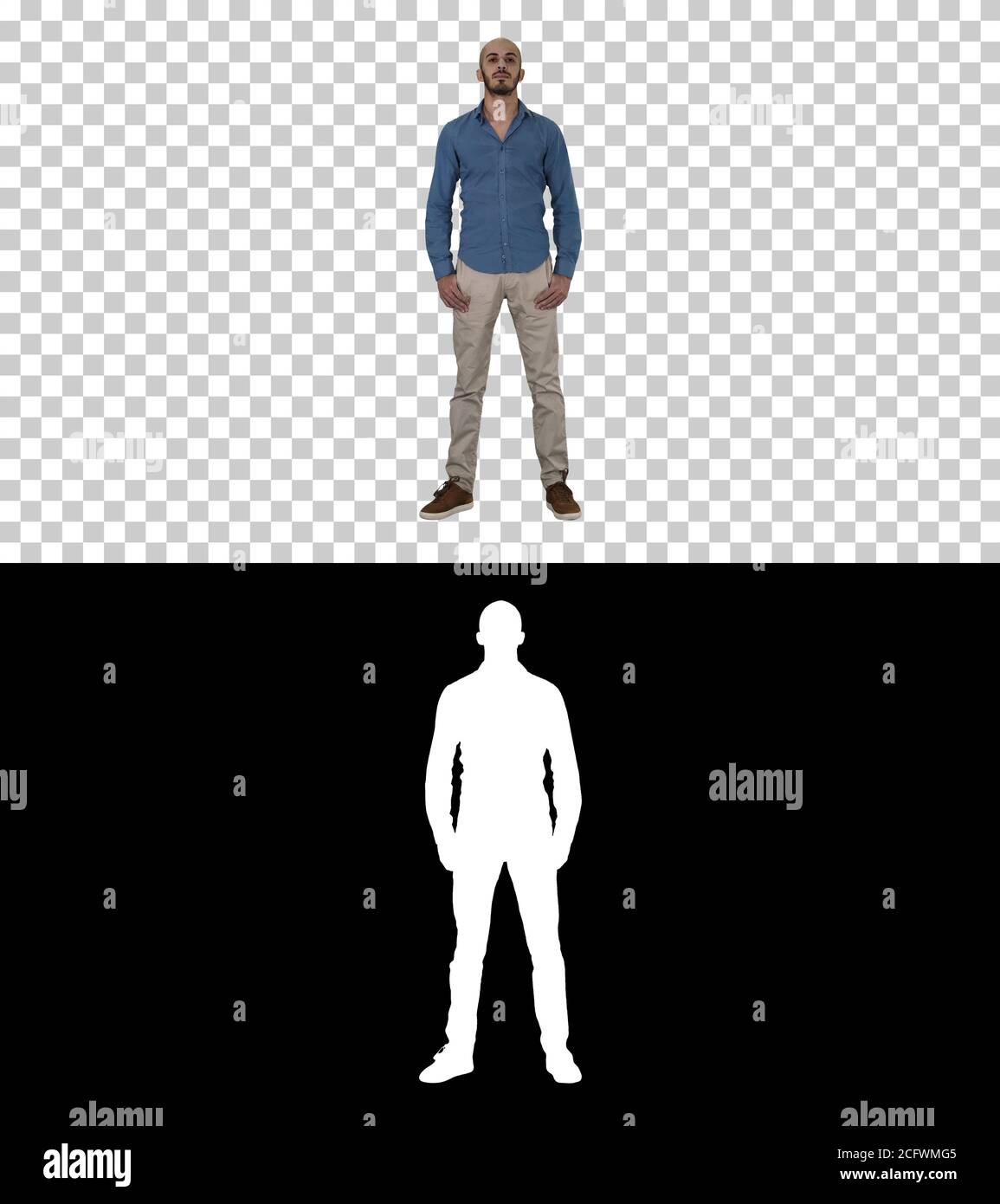 Strenger Mann steht und schaut in die Kamera, Alpha Channel Stockfoto