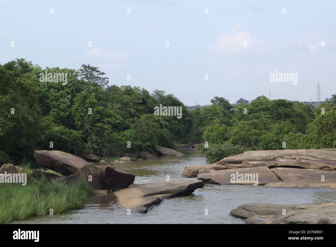 Bokeh-Aufnahme eines fließenden Wasserfalls mit selektivem Fokus und Baumhintergrund. Kleine Kinder baden im gefährlichen Wasserfall in Mirzapur, Indien w Stockfoto