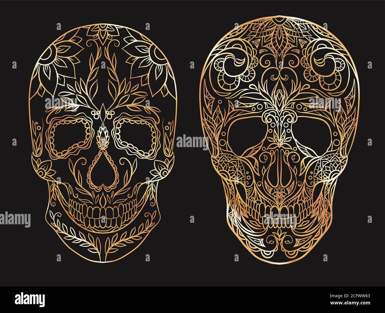 Set von Kontur-Gold-Illustrationen von einem Zucker Schädel. Der Feiertag des Tages der Toten. Vektor-Element für Ihre Kreativität Stock Vektor