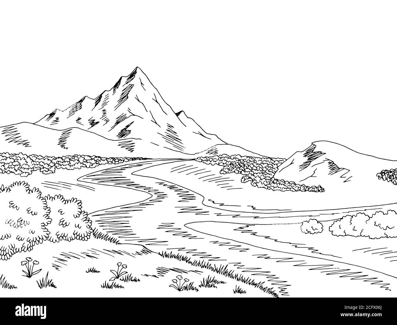 Mountain River Grafik schwarz weiß Landschaft Skizze Illustration Vektor Stock Vektor
