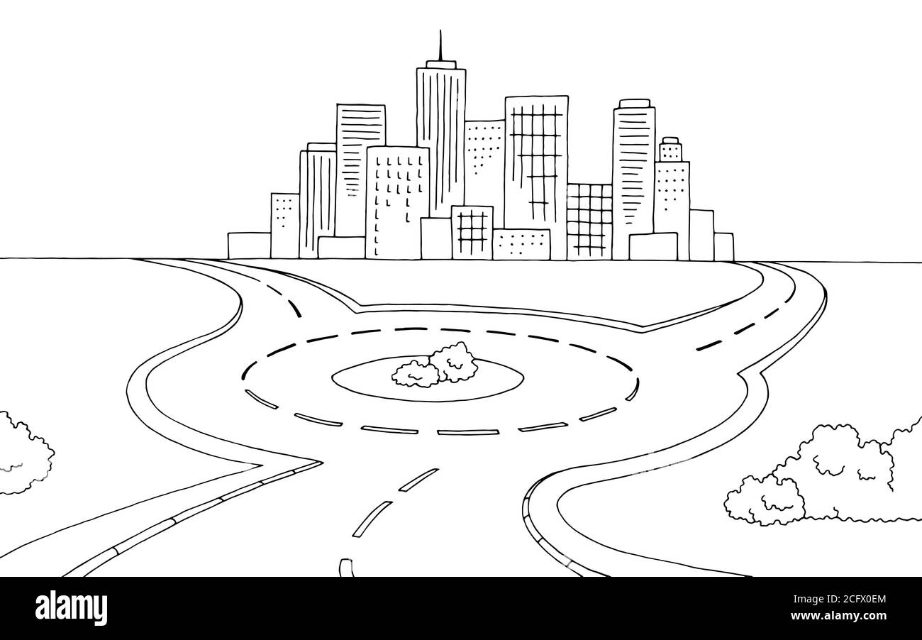 Kreisverkehr Straßengrafik schwarz weiß Landschaft Skizze Illustration Vektor Stock Vektor