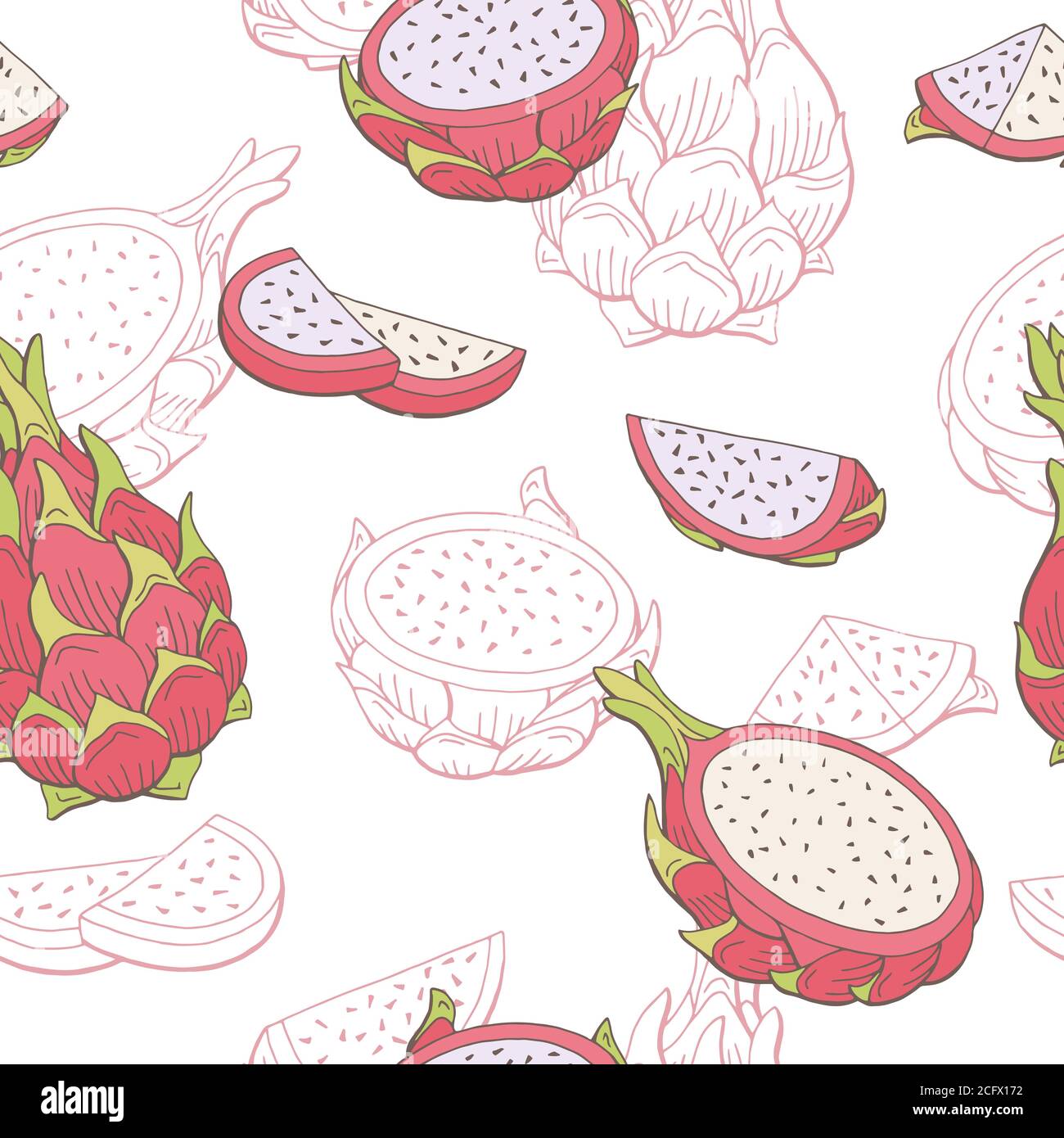 Pitaya Drachen Frucht Grafik Farbe nahtlose Muster Skizze Illustration Vektor Stock Vektor