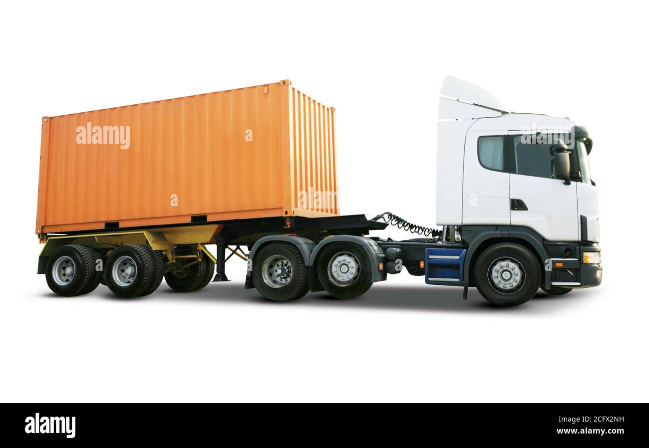 Weißer schwerer LKW mit Frachtcontainer Stockfoto