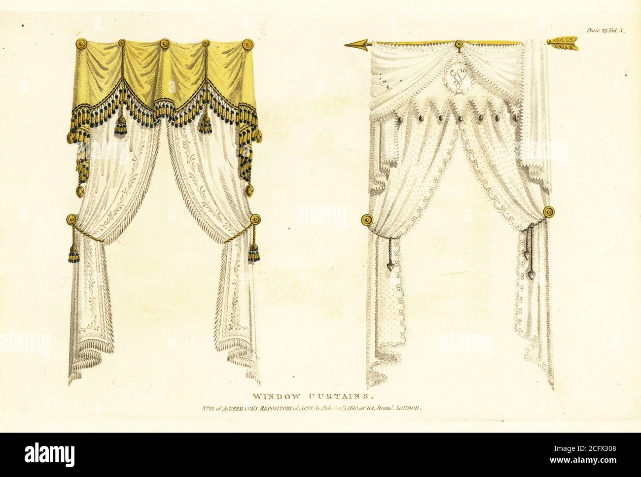 Fenstervorhänge mit französischen Vorhängen, 1810. An großen Rosettennadeln hängen Vorhänge aus Zitronenseide und bestickte Musselin-Vorhänge, und über einem vergoldeten Dart hingen feine Musselin-Vorhänge. Handkolorierter Kupferstich aus dem Upholsterer's and Cabinet-Maker's Repository, bestehend aus sechsundsiebzig Entwürfen moderner und modischer Möbel, Rudolph Ackermann, London, 1830. Stockfoto