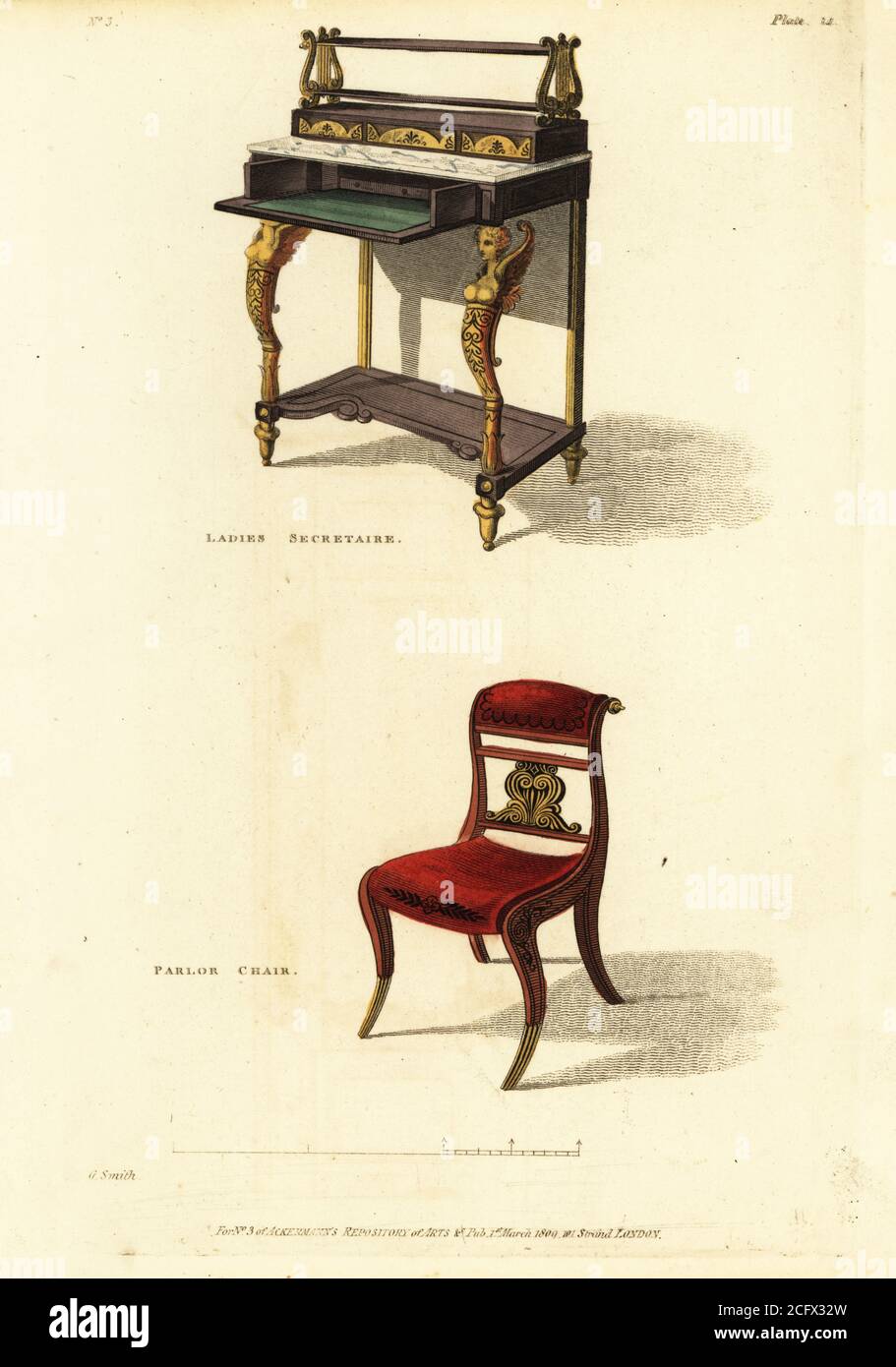 Damen Sekretärin und Stubenstuhl, 1809. Der Secretaire aus Palisander mit geschnitzten vergoldeten Figuren und Leiern. Der Grecian Stuhl aus Mahagoni mit Einlegearbeiten aus Ebenholz, französische Polsterung aus rotem marokkanischem Leder. Handkolorierter Kupferstich aus dem Upholsterer's and Cabinet-Maker's Repository, bestehend aus sechsundsiebzig Entwürfen moderner und modischer Möbel, Rudolph Ackermann, London, 1830. Stockfoto