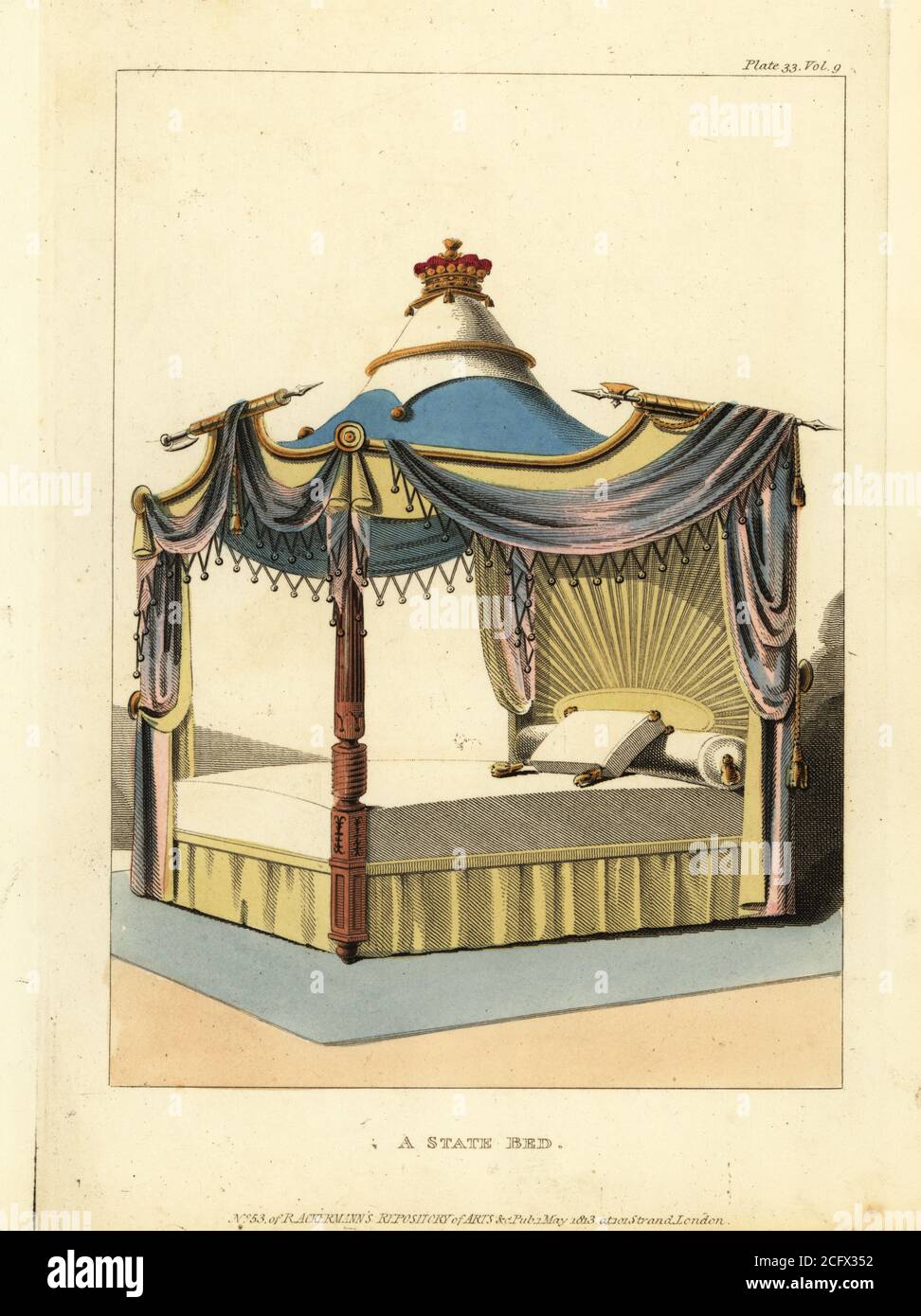 A State Bed, 1813. Bett mit Mahagoni-Rahmen, erhöhte Gesimse in einem militärischen Stil mit Fassungen dekoriert, Baldachin oben mit einer Kuppel von einer Krone überragt. Gezeichnet von C. Blunt von Thomas Morgan und Joseph Sanders, Catherine Street, Strand. Handkolorierter Kupferstich aus dem Upholsterer's and Cabinet-Maker's Repository, bestehend aus sechsundsiebzig Entwürfen moderner und modischer Möbel, Rudolph Ackermann, London, 1830. Stockfoto