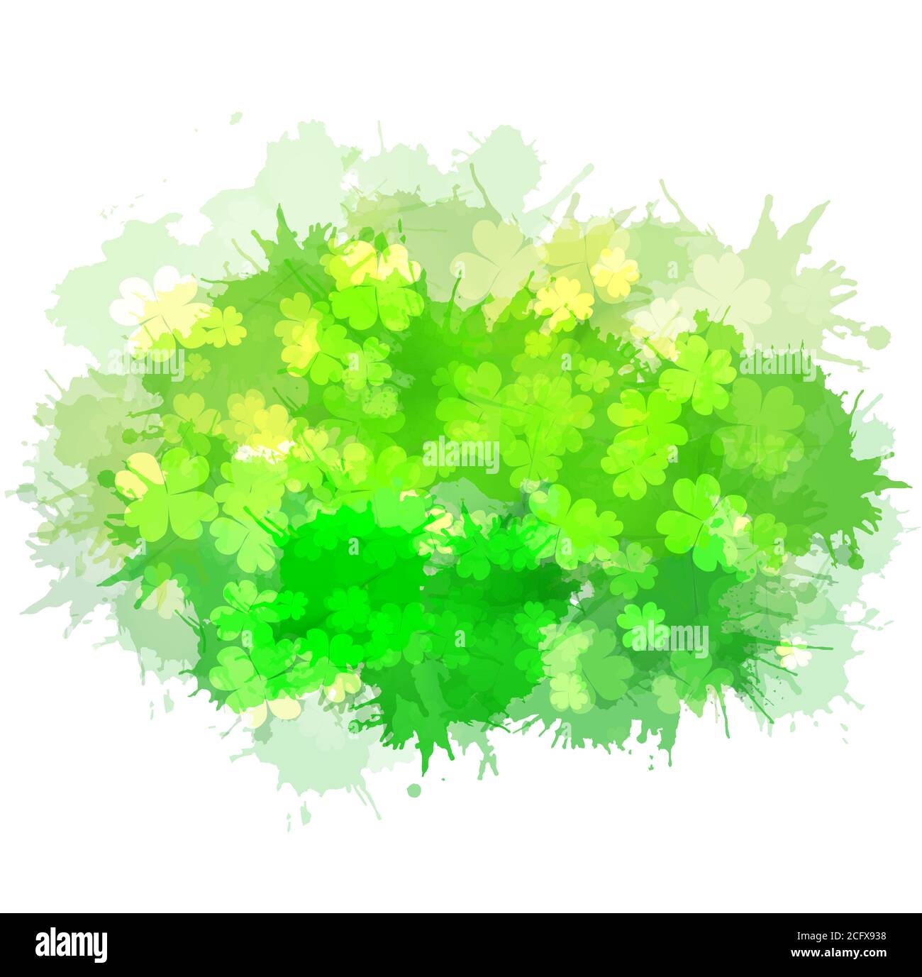 Vektor-Element mit einem glücklichen vierblättrigen Kleeblatt, Funken und Aquarellspritzern. St. Patrick's Day. Festliches Element für Ihr Design Stock Vektor