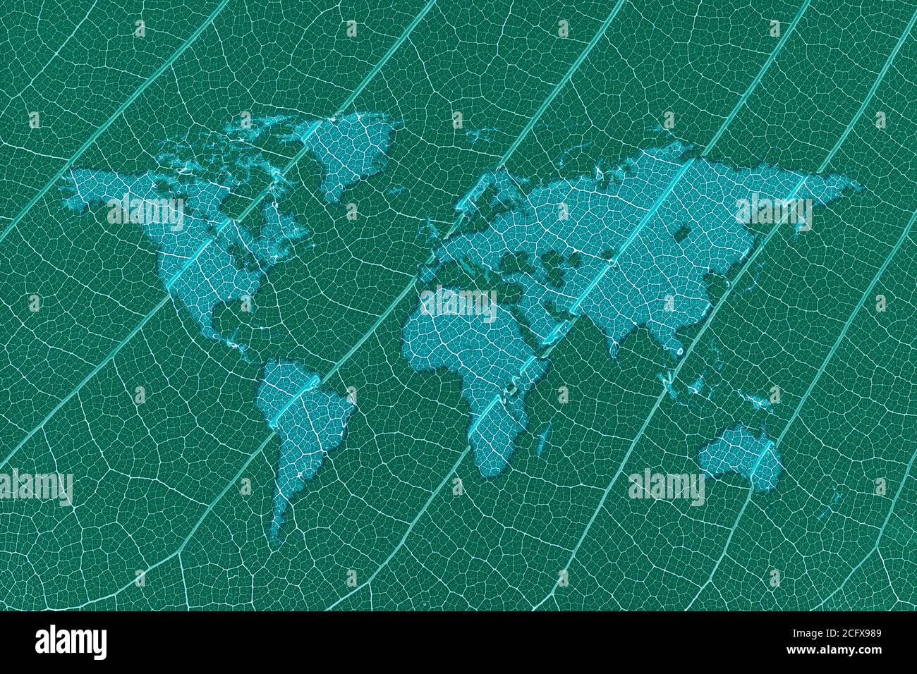Grüne Ausgaben Wasser-Weltkarte auf einem grünen Blatt-Konzept Stockfoto