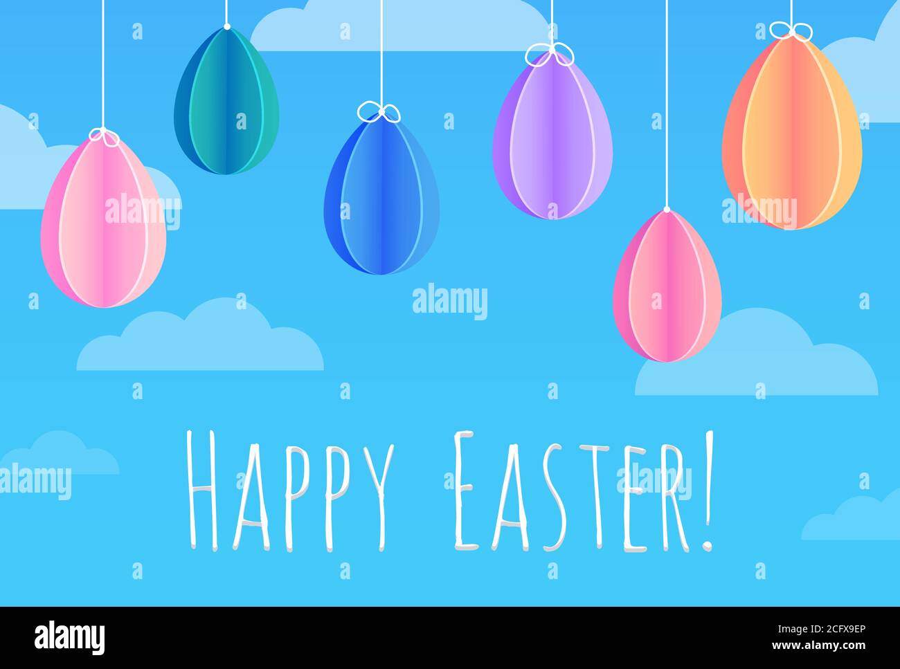 Festliche Osterkarte mit hängenden Papier Origami-Eier, Gruß in den Himmel mit Wolken. Stock Vektor
