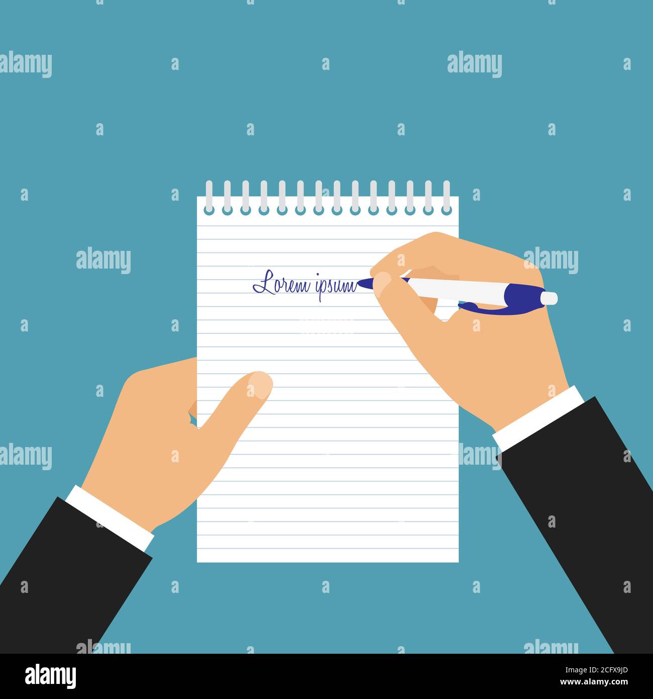 Flache Design-Abbildung des Managers Hand halten Papier Pad und Schreibt Text mit Stift - Vektor Stock Vektor