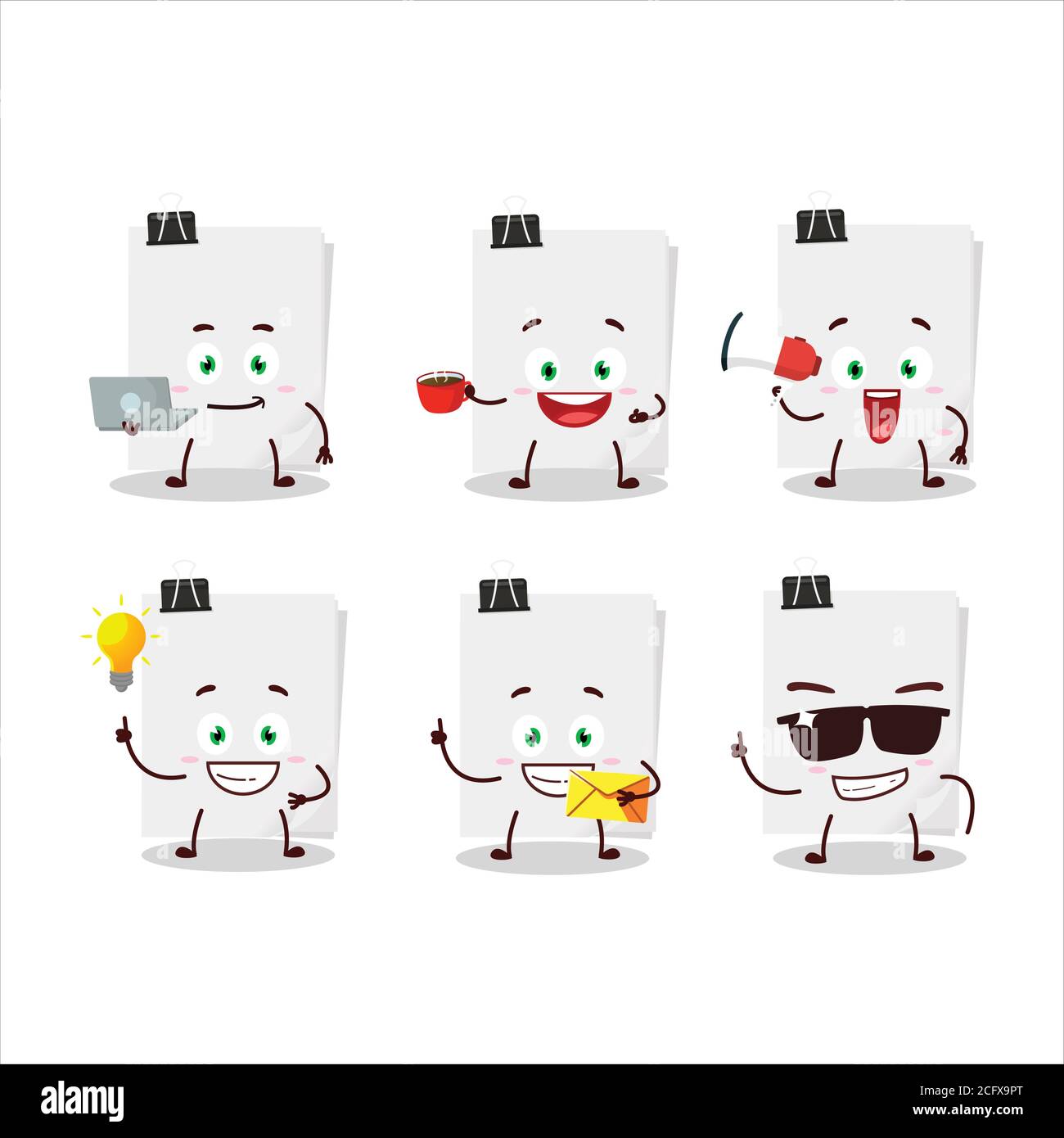 Haftnotizen Papier weißen Cartoon-Charakter mit verschiedenen Arten von Geschäftsemoticons Stock Vektor