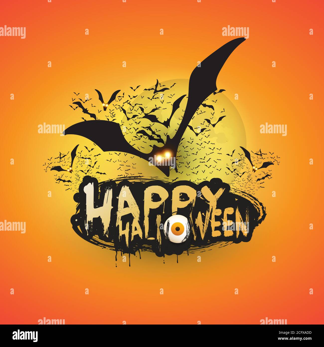 Happy Halloween Card Template - Fliegende Fledermäuse mit leuchtenden Augen Unter dem Vollmond auf gelbem und orangefarbenem Hintergrund - Vektorgrafik Stock Vektor