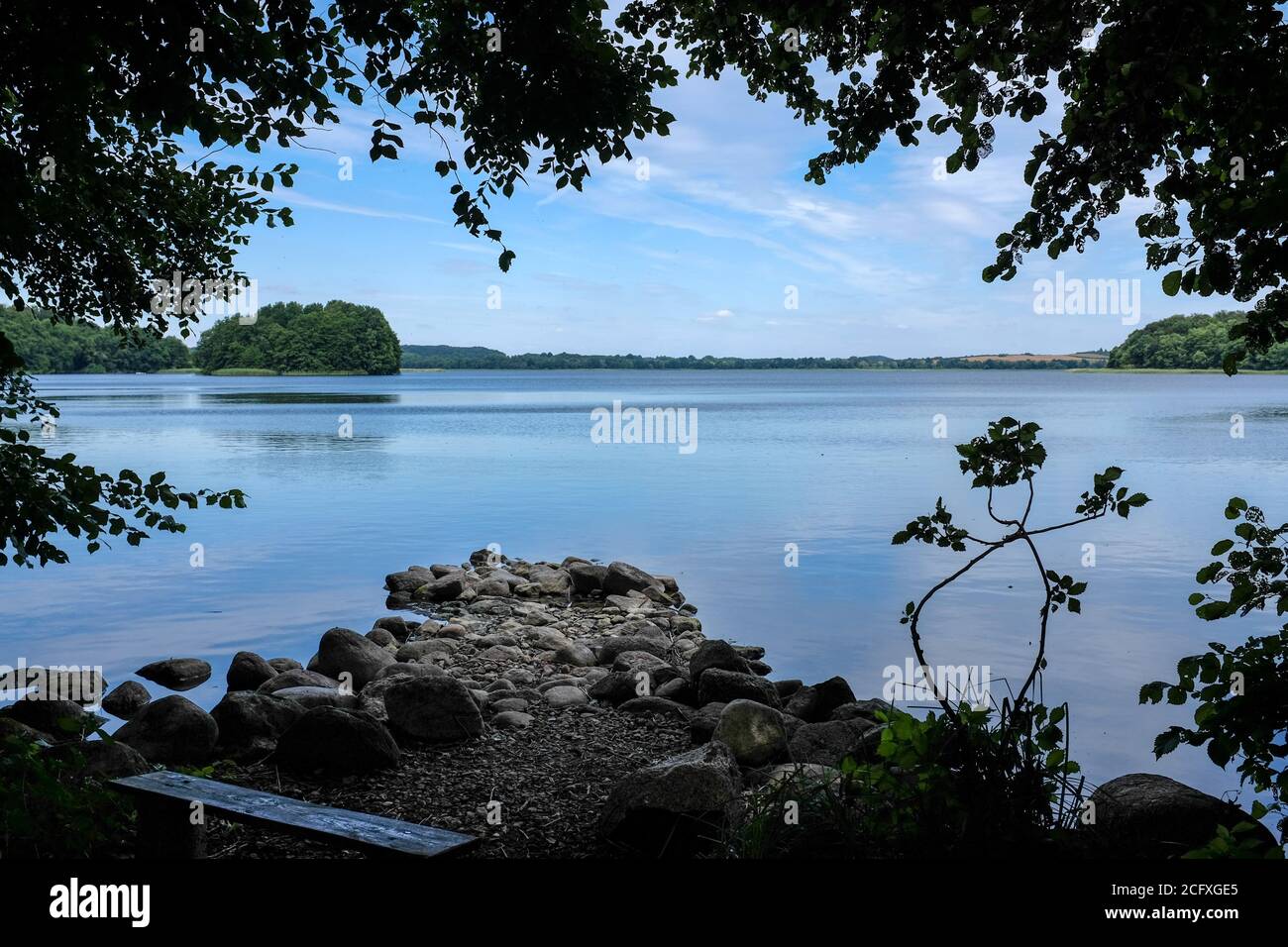 Blick über das Wasser vom schattigen Ufer des Carwitzer Sees in Norddeutschland. Stockfoto