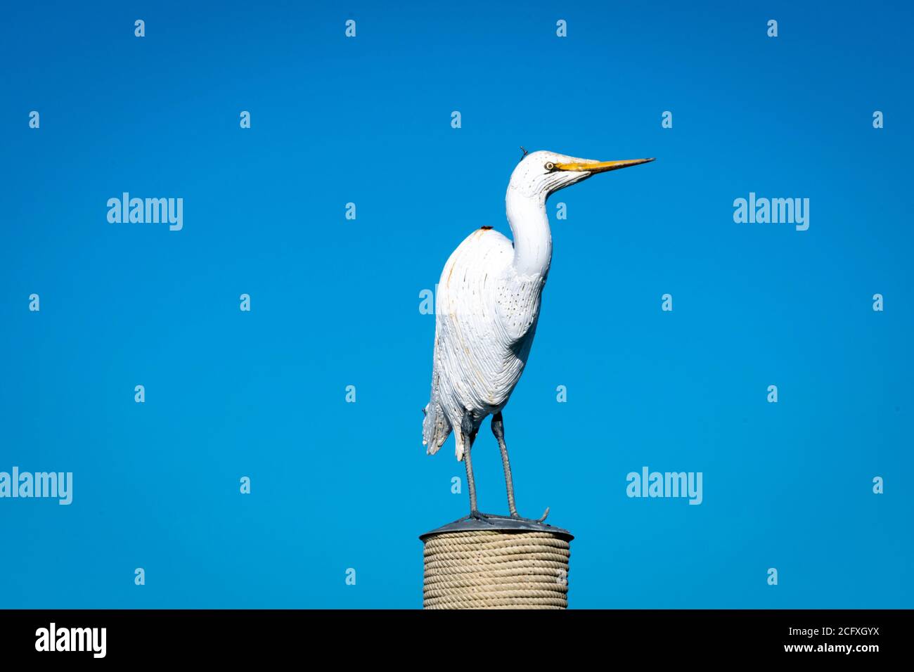 Skulptur von Weißreiher, Mapua, Nelson, Südinsel, Neuseeland Stockfoto