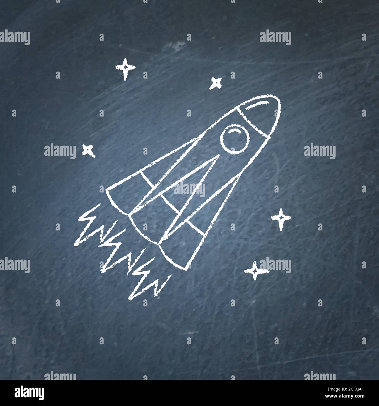 Weltraumrakete Symbol auf Kreidetafel. Raumschiff Symbol - Kreidezeichnung. Stock Vektor