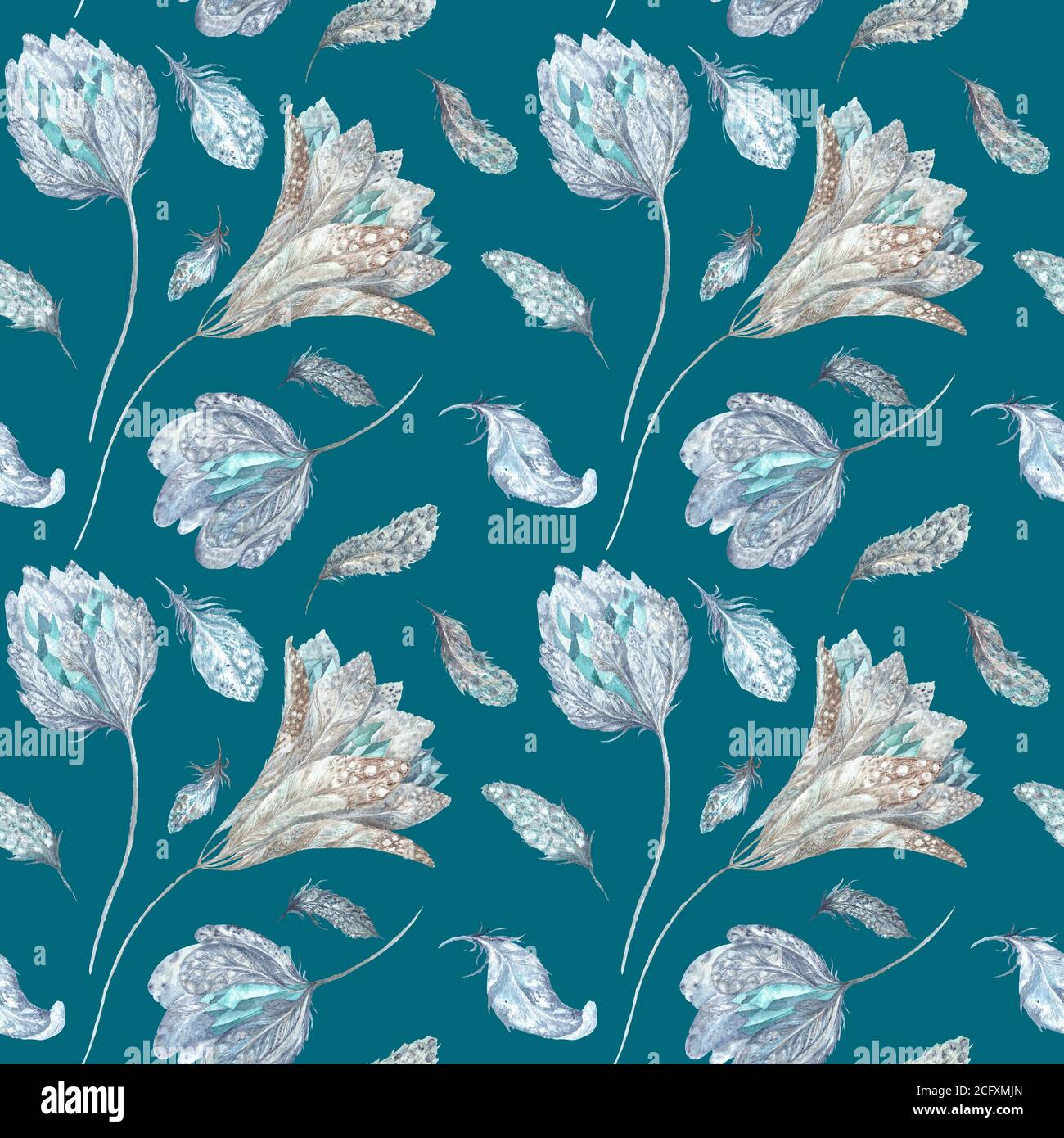 Boho Chic Aquarellmuster auf türkisfarbenem Hintergrund Stockfoto