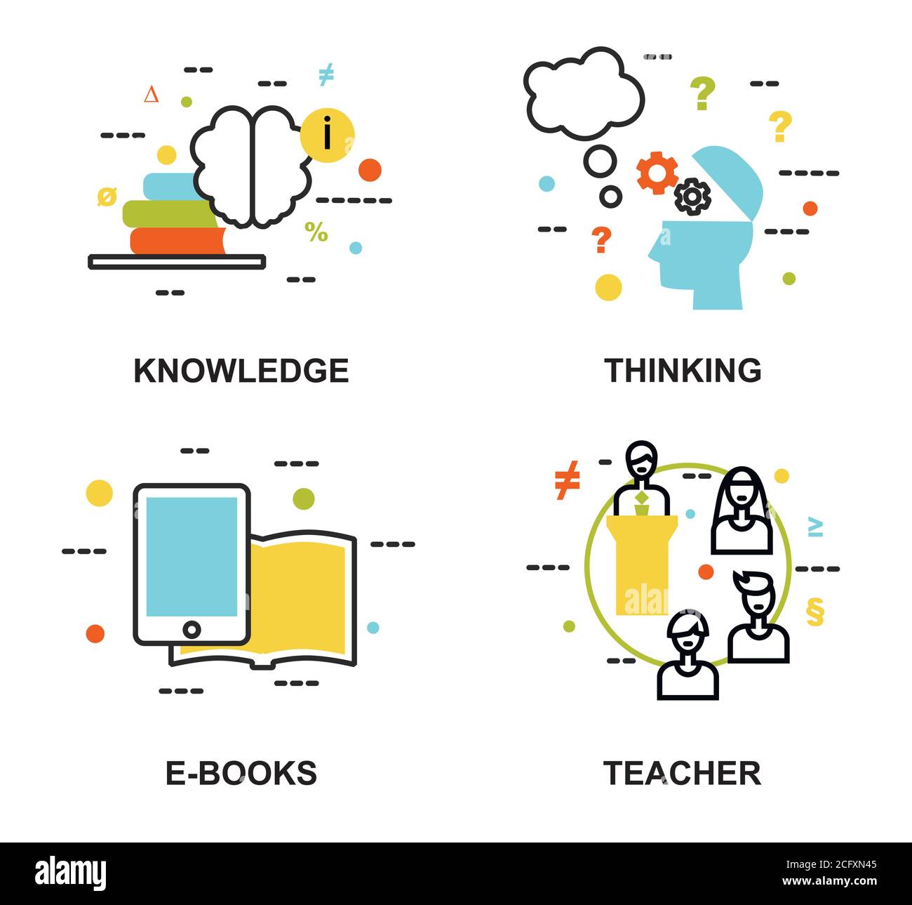 Moderne flache dünne Linie Design Vektor Illustration, Satz von Bildungskonzepten, Wissen, Denkprozess, E-Books und Lehrer, für Grafik und Web de Stock Vektor