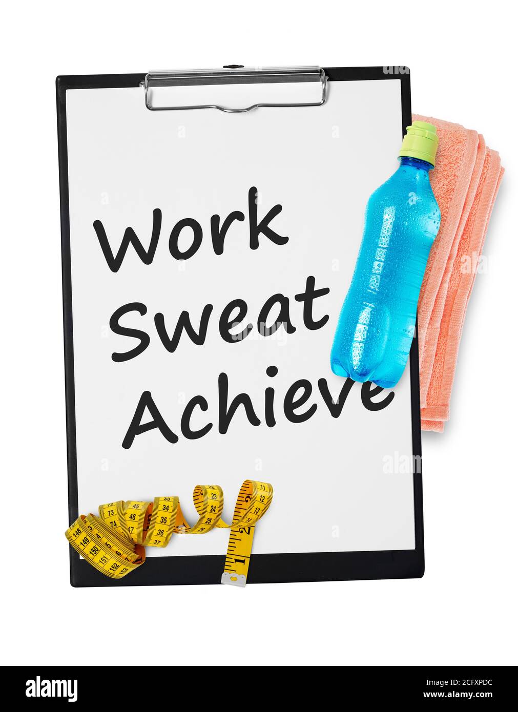 Nachricht auf Zwischenablage, Wasser, Handtuch und Band messen Stockfoto