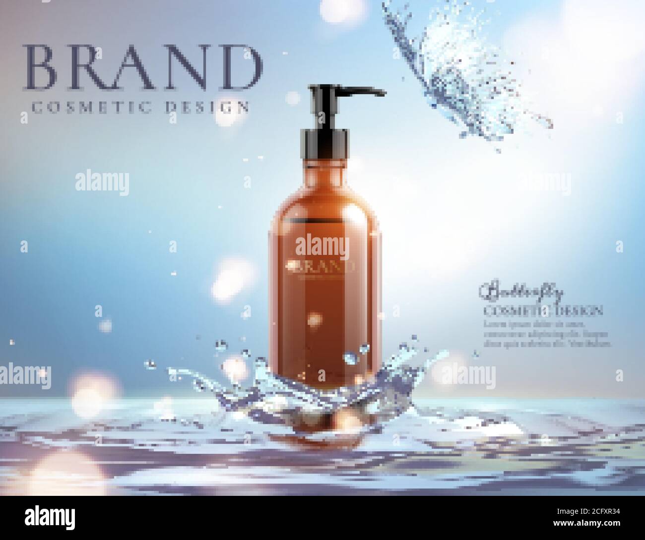 Kosmetisches Produkt Poster von braunen Flüssigseife Flasche über Wasser Mit Schmetterling in 3D-Darstellung Stock Vektor