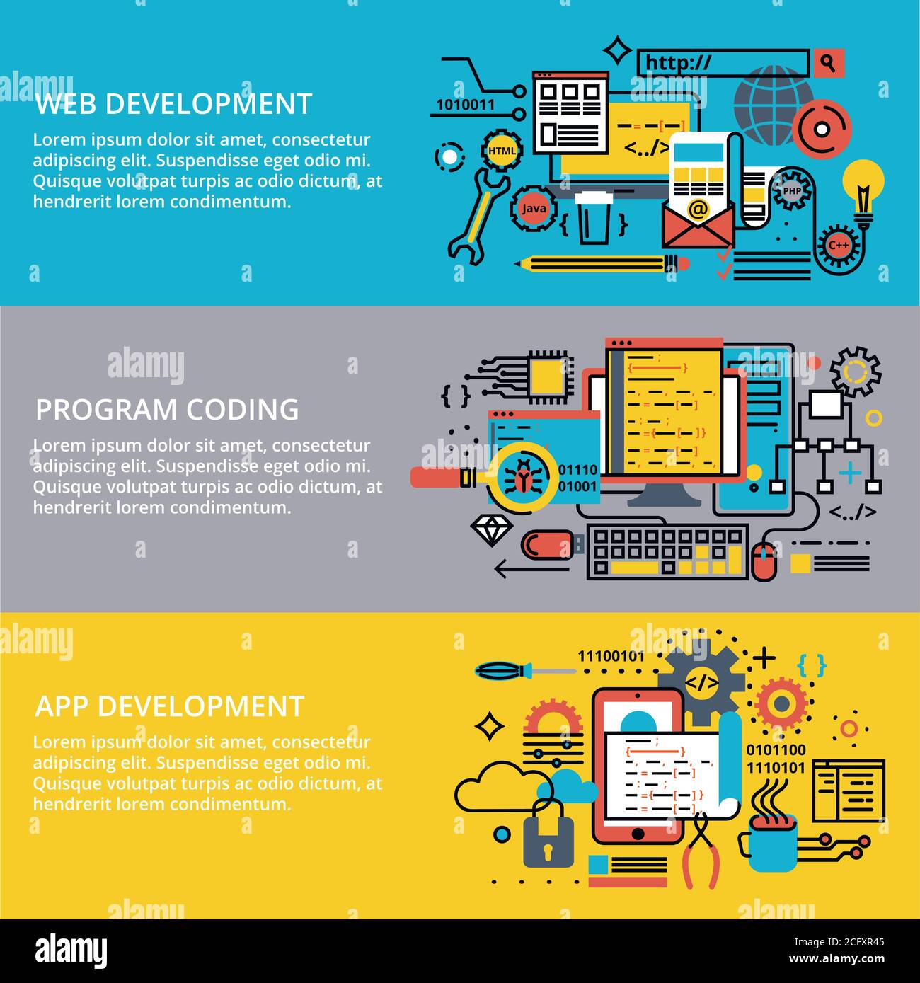 Moderne flach editierbare Linie Design Vektor Illustration, konzeptionelle Satz von Programm-Codierung, App und Web-Entwicklungsprozess, für Grafik-und Web-Design Stock Vektor