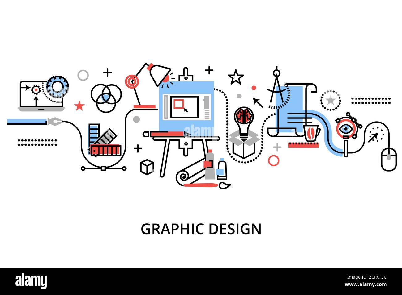Moderne flache dünne Linie Design Vektor Illustration, Infografik Konzept des Grafikdesigns, Designer-Artikel und Tools, und Design-Entwicklungsprozess, für Stock Vektor