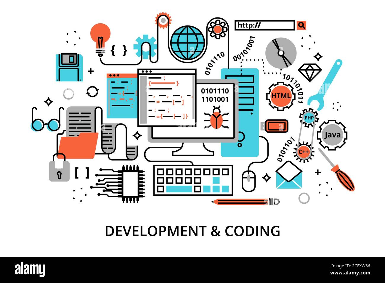 Moderne flach bearbeitbare Linie Design Vektor Illustration, Konzept der Programmierung, Entwicklungssoftware und Codierungsprozess, für Grafik-und Web-Design Stock Vektor