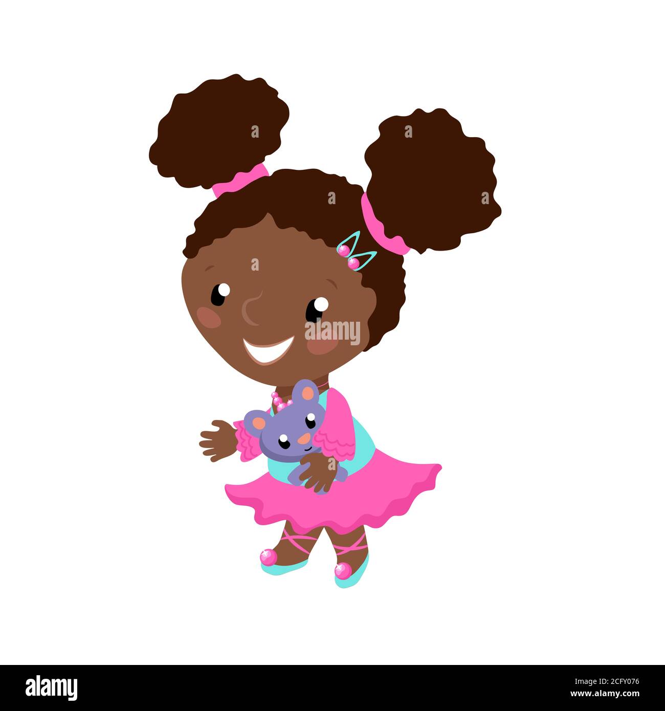Lächelndes afrikanisches Mädchen in rosa Kleid Vektor-Illustration auf weißem Hintergrund. afroamerikanisches Kleinkind mit Plüschpuppe. Lächelndes Mädchen im Ballettkleid für Stock Vektor