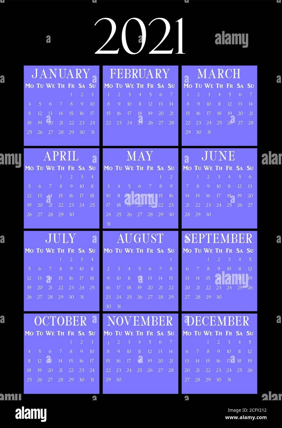 2021 Jahre vertikaler Kalender auf A4-Papierformat. Schwarzer und blauer Wandkalender. 2021 Jahre nach Monaten. Klassischer vertikaler Kalender in dunklem Farbschema. Keh Stock Vektor