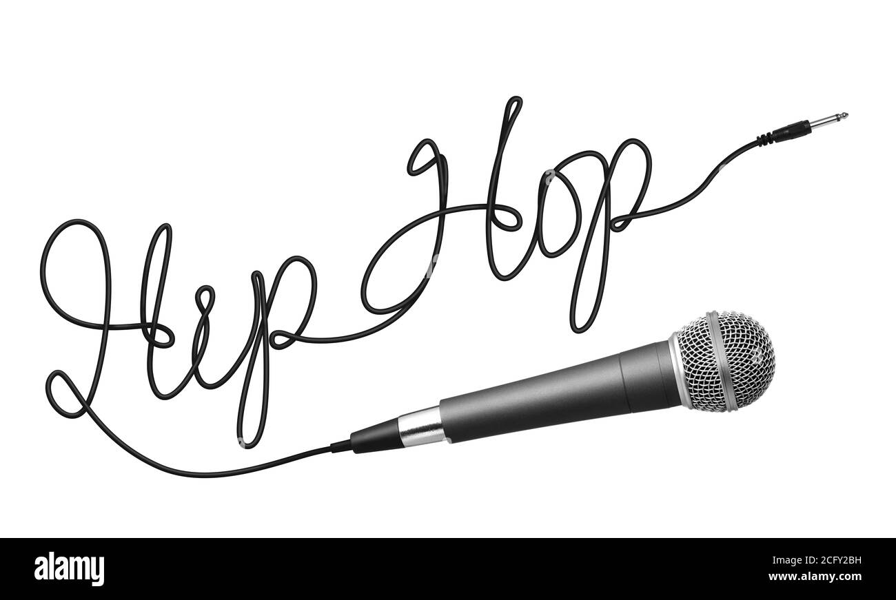 Mikrofon und Text auf weißem Hintergrund Stockfoto