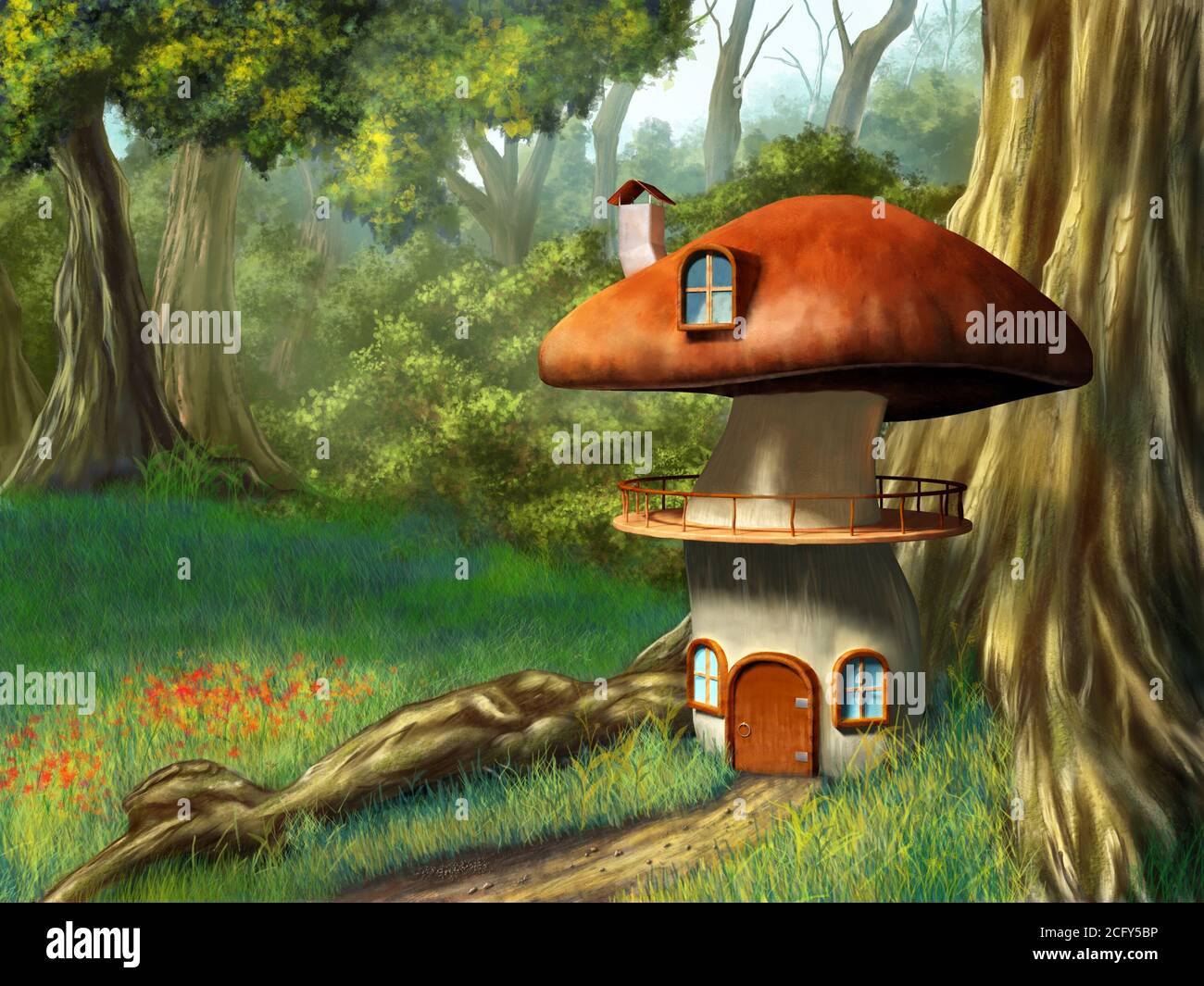 Pilzhaus in einem verzauberten Wald. Digitale Illustration. Stockfoto