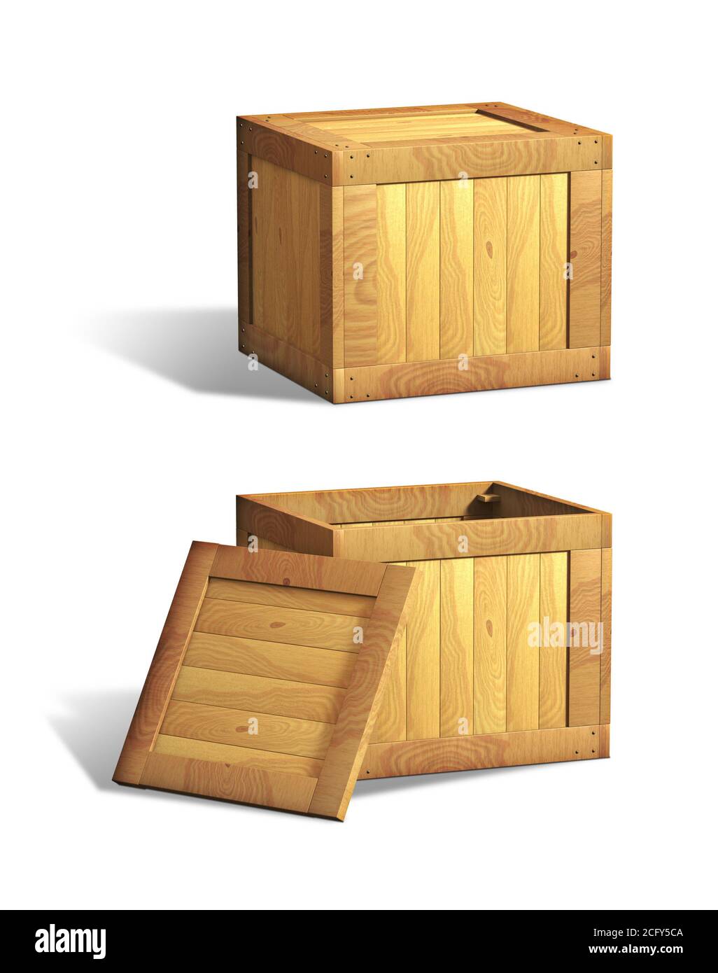 Offene und geschlossene Holzkisten. Digitale Abbildung, Beschneidungspfad enthalten. Stockfoto