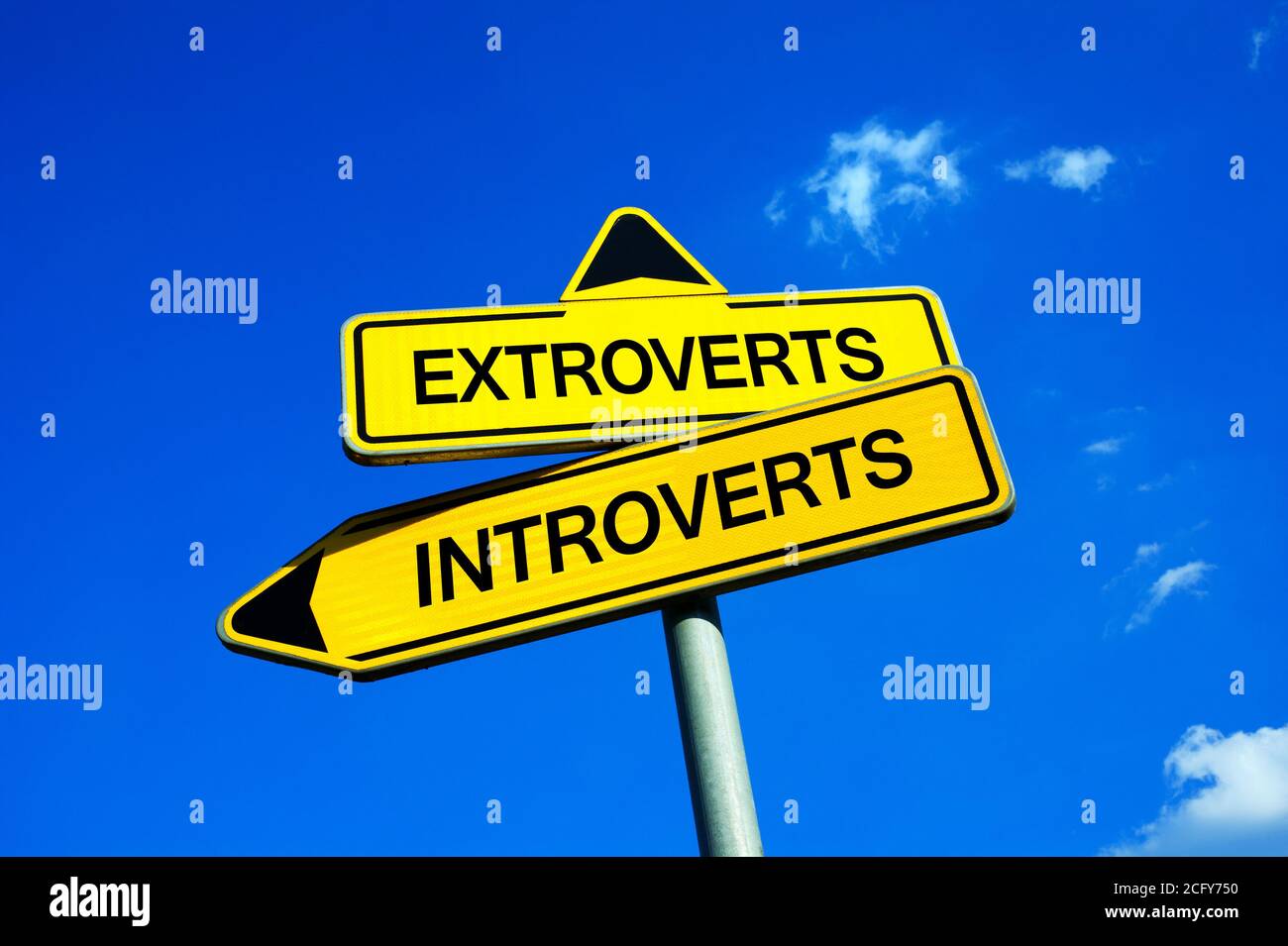 Extroverts oder Introverts - Verkehrszeichen mit zwei Optionen - Unterschied zwischen Persönlichkeiten - Introversion und Extraversion, gesprächig und durchsetzungsfähig p Stockfoto