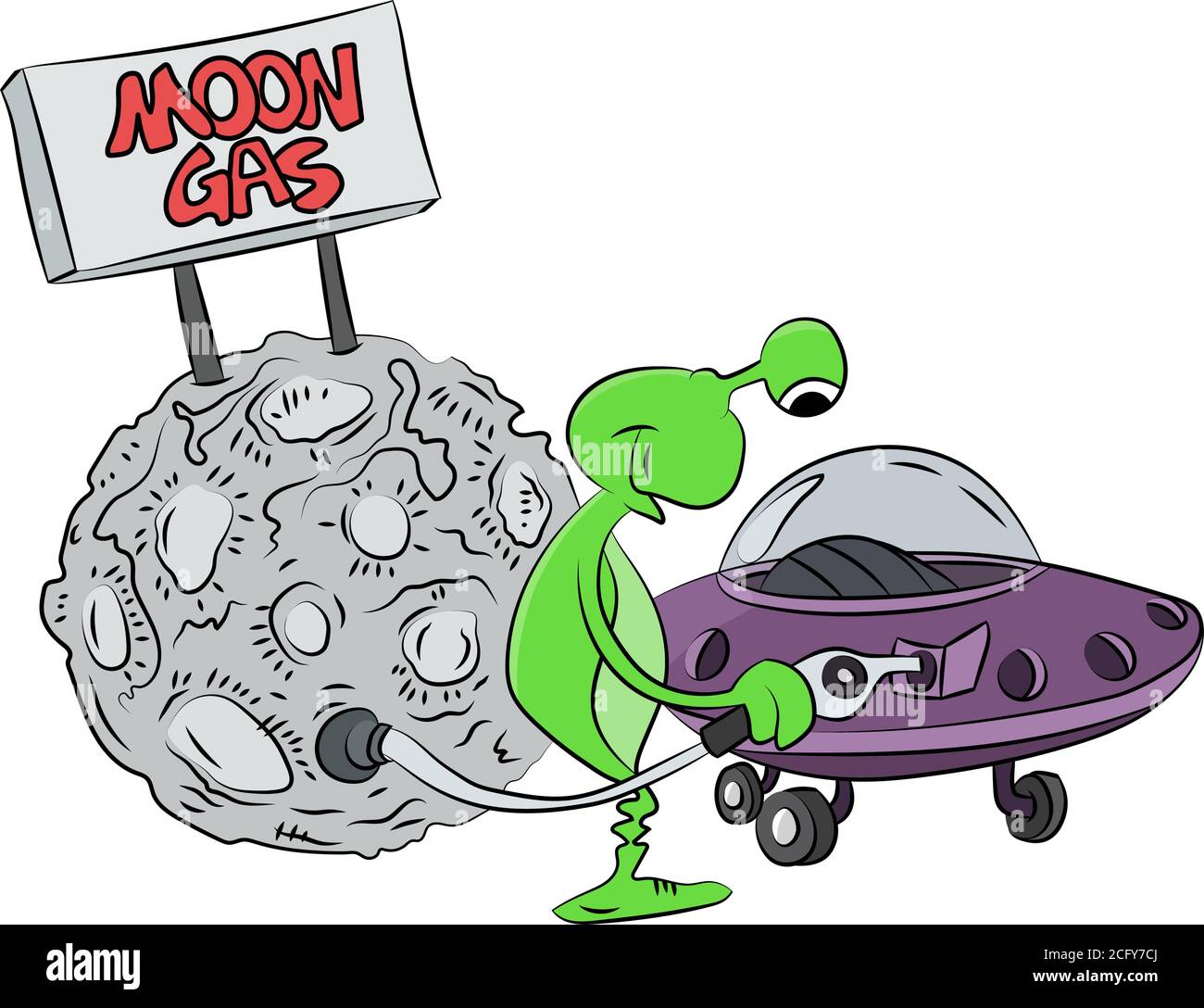 Cartoon Alien Füllen des Tanks seines Raumschiffs Vektor-Illustration Stock Vektor