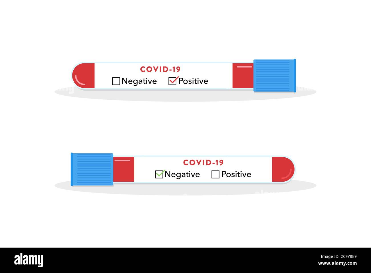Reagenzgläser für die Coronavirus-Diagnose. Covid-19-Test. Positives Ergebnis. Negatives Ergebnis. Blutproben eines Patienten. Weltweite Pandemie-Infektion. Stock Vektor