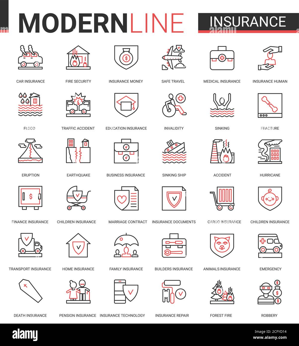 Versicherung flach dünne rote schwarze Linie Symbol Vektor-Illustration Set mit Outline Assurance Infografik App Symbole der Versicherung für Familiengesundheit, Hauseigentum oder Autotransport, Geschäftsfinanzierung Stock Vektor