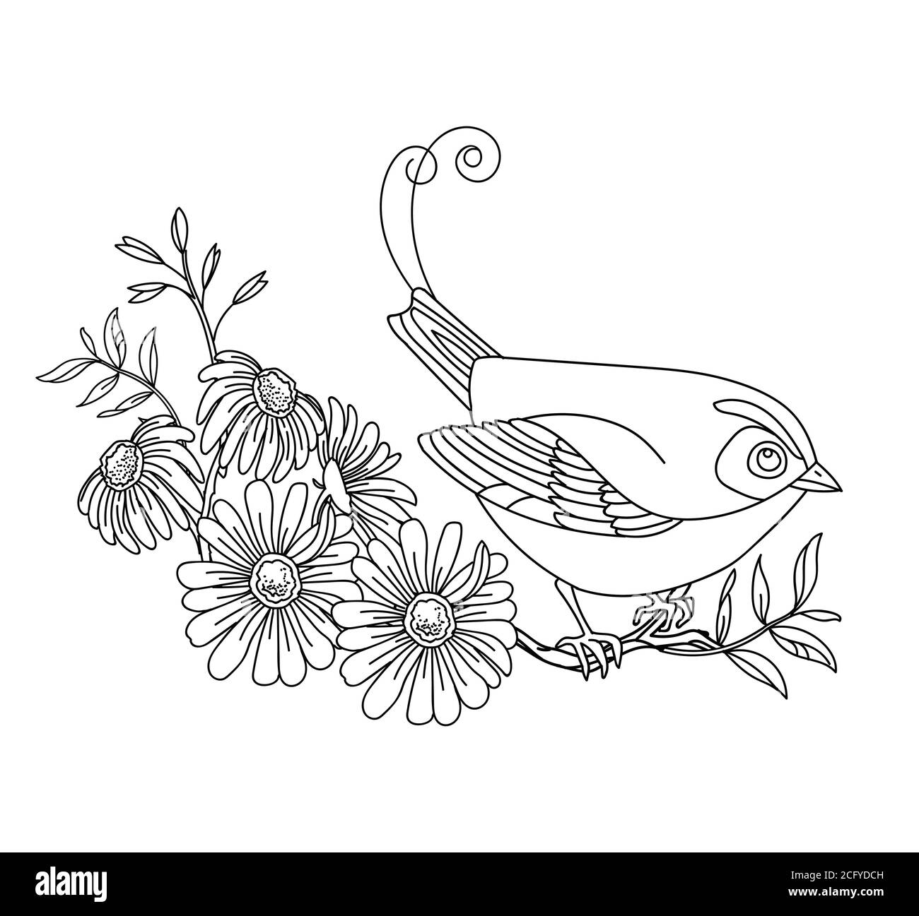 Schwarze Kontur Illustration Vogel und Blumen. Vektorlinie Grafik auf