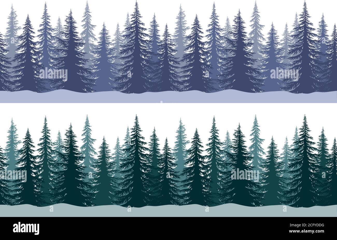 Nahtlose horizontale Winterlandschaften mit Weihnachten Nadelbäume und Schneeflocken, Fliesen Urlaub Hintergrund. Vektor Stock Vektor