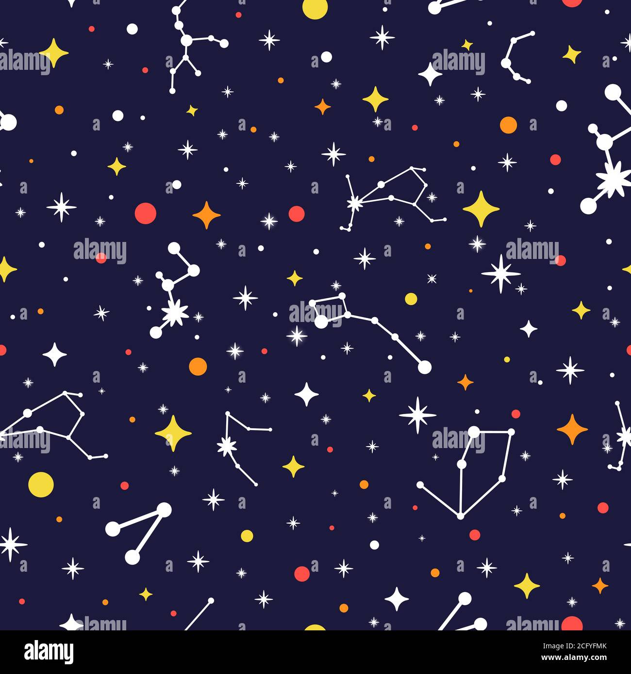 Galaxy Nahtloses Muster. Heller Raum Hintergrund. Struktur der Farbkonstellation. Vektor-Illustration für Print, Karte, Poster, Broschüre, Textil Stock Vektor