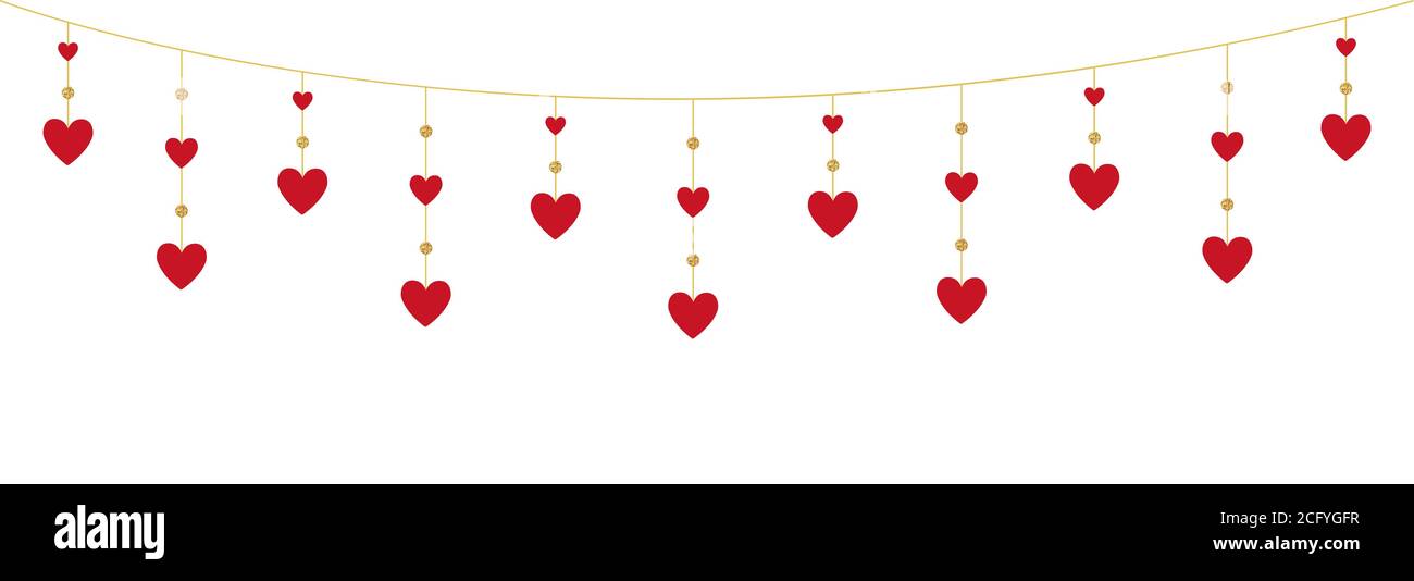 Herz rote Girlande auf weißem Hintergrund. Grenze zum Valentinstag. Romantisches Design mit hängenden Herzen. Weihnachts-Textur für Grußkarte, Hochzeit Stock Vektor