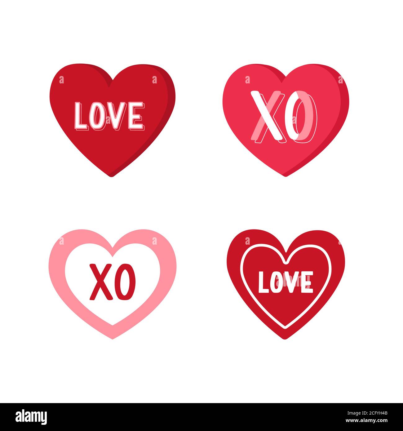 Herz-Sticker-Set. Farbetikett, Anhänger Herzen mit handgezeichneter Schrift und verschiedenen Ornamenten. Sticker aus Papier in Herzform. Love Icon. Romantisches Design Stock Vektor