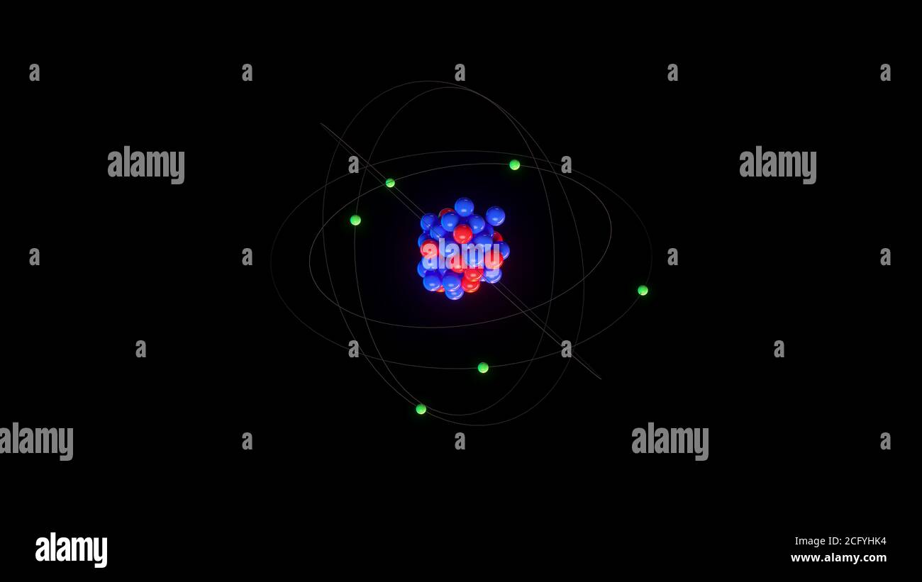 Kosmisches Atom-Modell auf schwarzem Hintergrund. 3D-Rendering Stockfoto